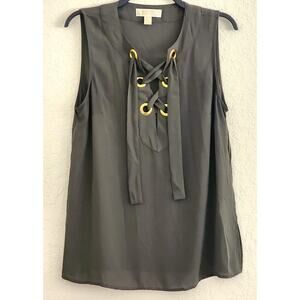 Top/Blouse-Michael Kors-Army Green-Sleeveless-Front Rivets and Tie-Size MED